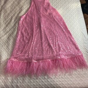 60s Vintage Inspired Pink Sparkle Size Small Women's Sequins Dress Feather Trim